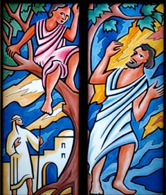 vitrail de l'église Notre-Dame du Val : Jésus et Zachée